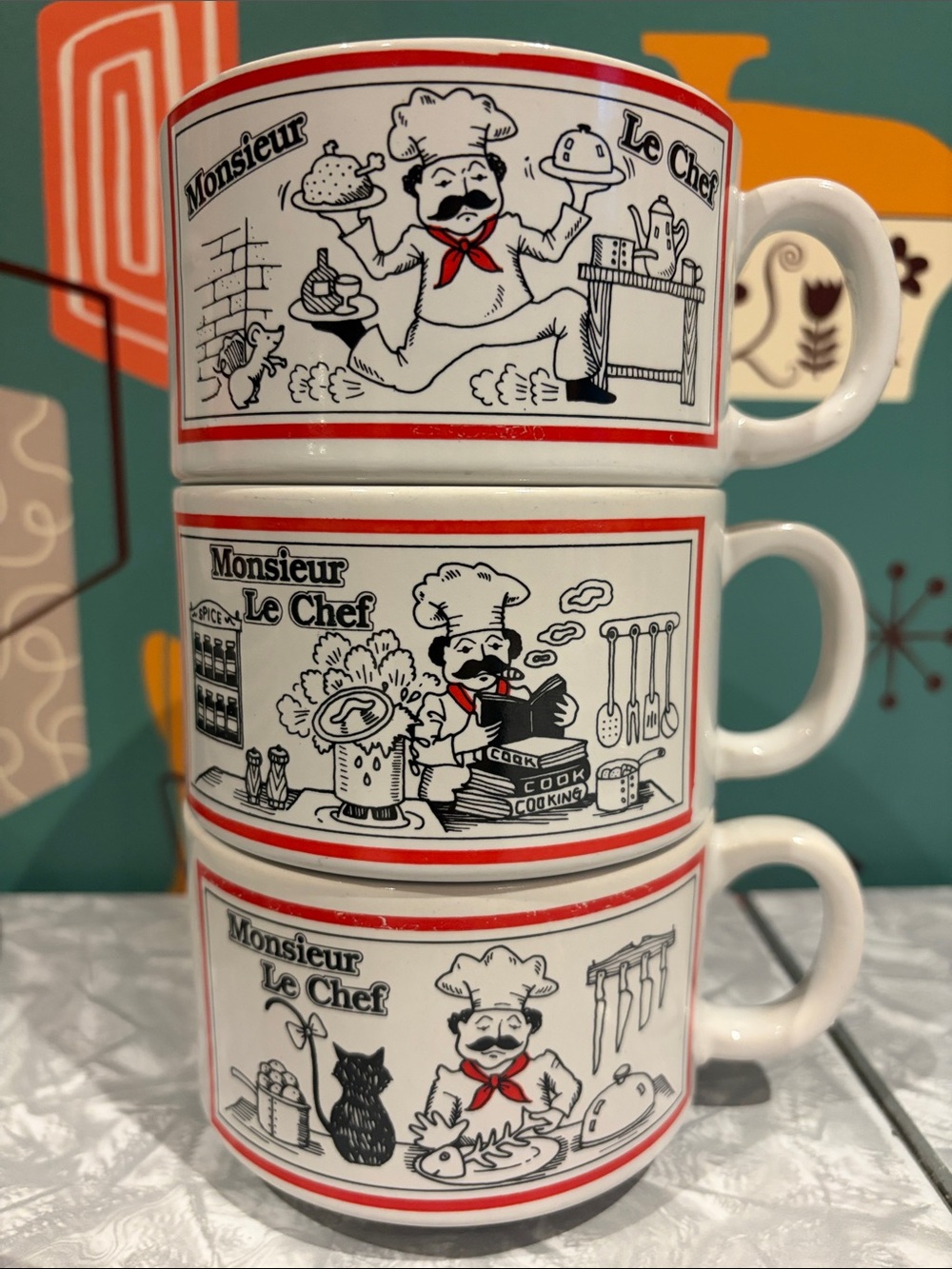 Vintage 1980’s Monsieur Le Chef Ceramic Soup Mug x 3. Japan. App:3”x4”